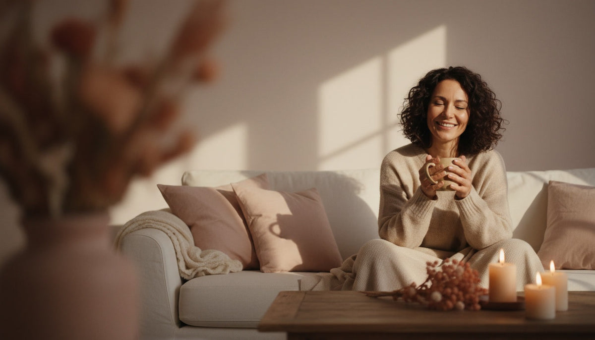 Femme détendue sur un canapé avec une tasse chaude, un moment rien qu'à elle
