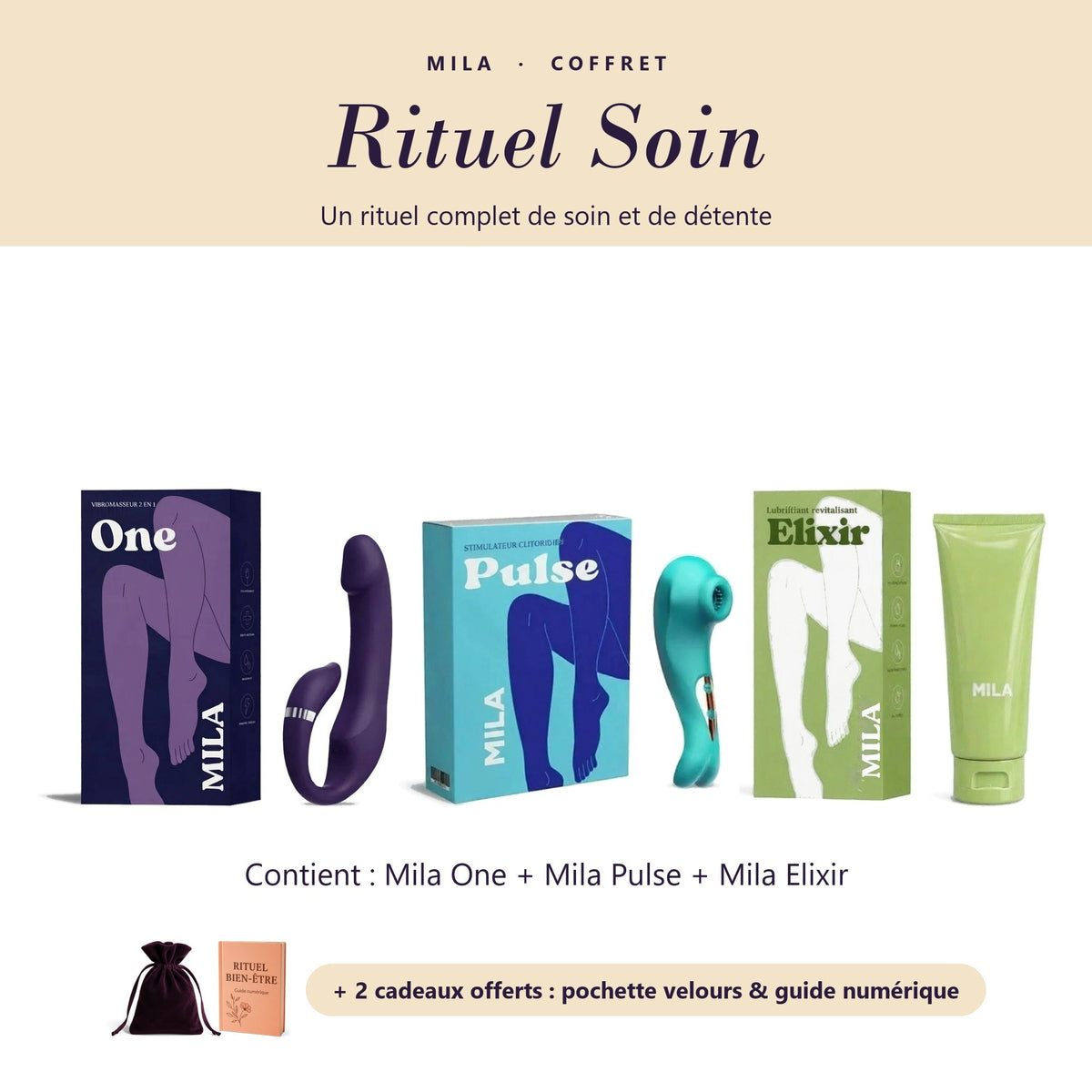 Coffret Rituel Soin : Mila One + Mila Pulse + Mila Elixir + pochette velours et guide numérique offerts
