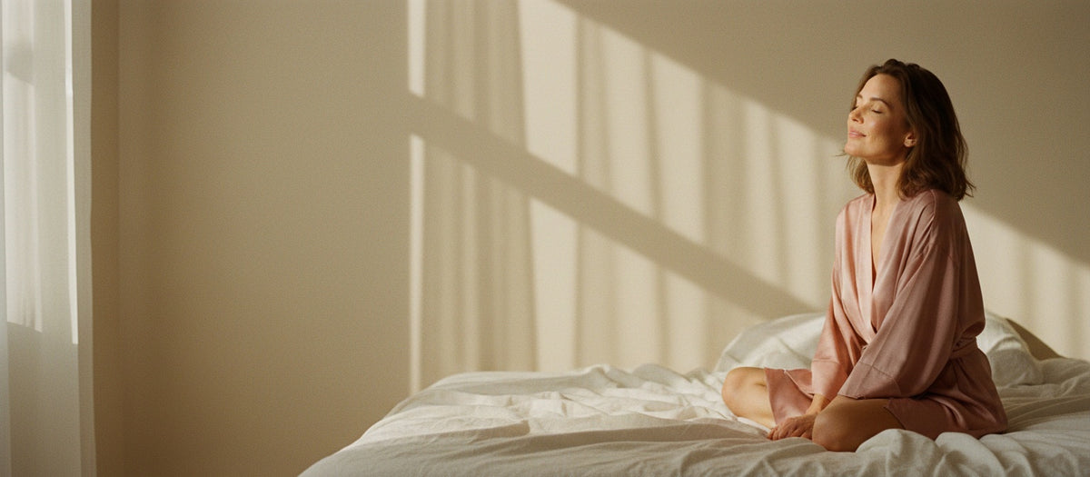 Femme sereine en peignoir de soie rose dans la lumière dorée du matin