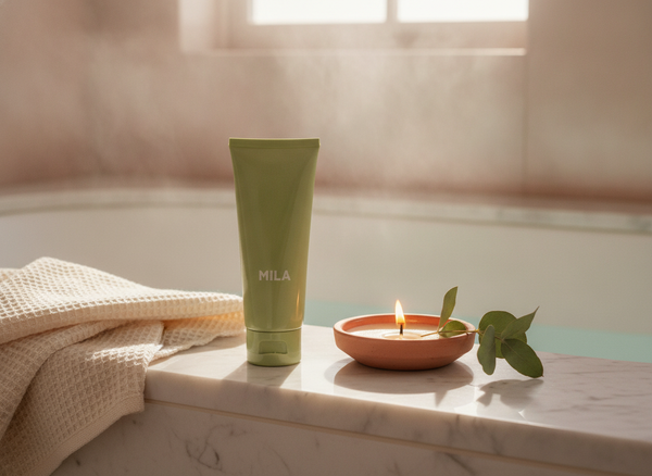 Mila Elixir posé sur le rebord d'une baignoire, rituel du bain