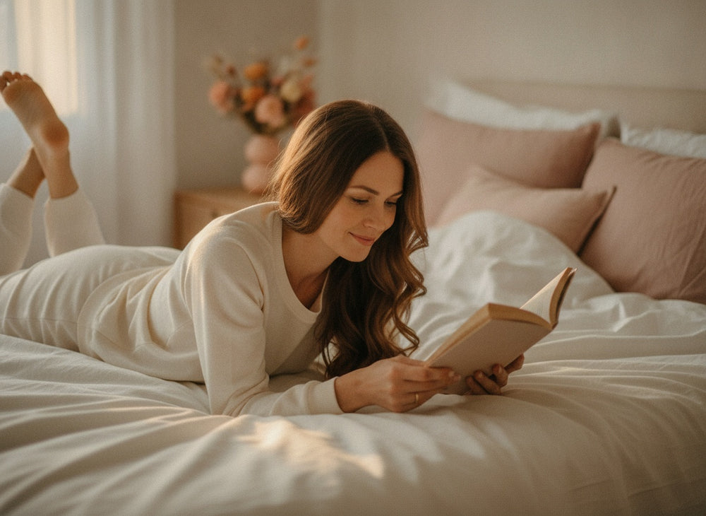 Femme détendue lisant sur son lit
