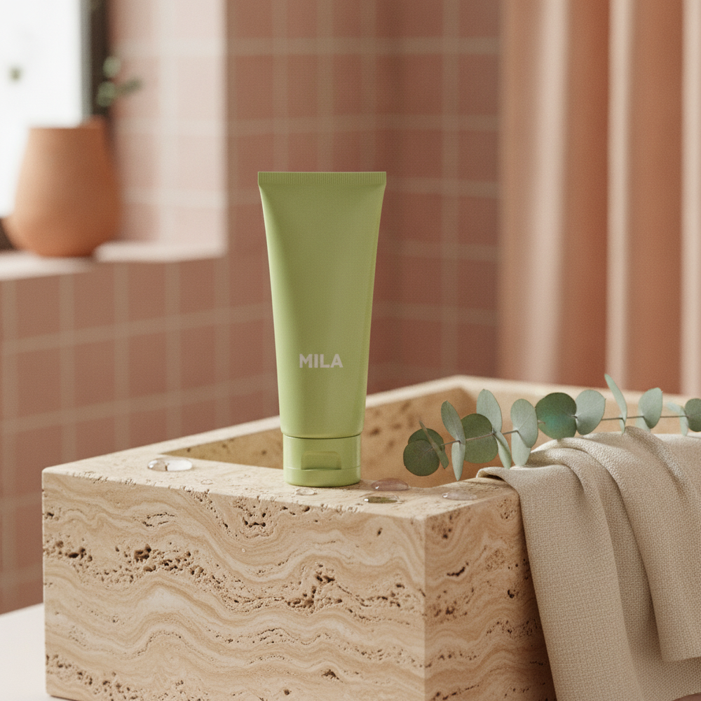 Mila Elixir posé sur une vasque en pierre avec de l'eucalyptus